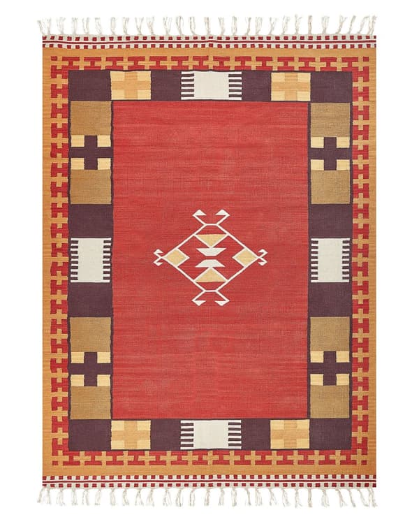 Kelim-matto monivärinen puuvilla 140 x 200 cm käsin kudottu kaksipuolinen geometrisella kuviolla hapsut boho tyyli