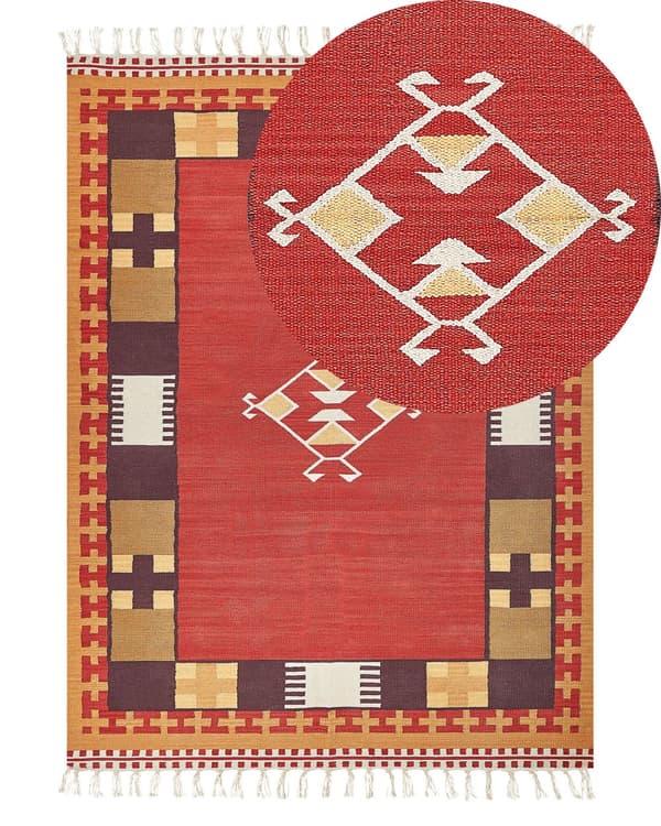 Kelim-matto monivärinen puuvilla 140 x 200 cm käsin kudottu kaksipuolinen geometrisella kuviolla hapsut boho tyyli