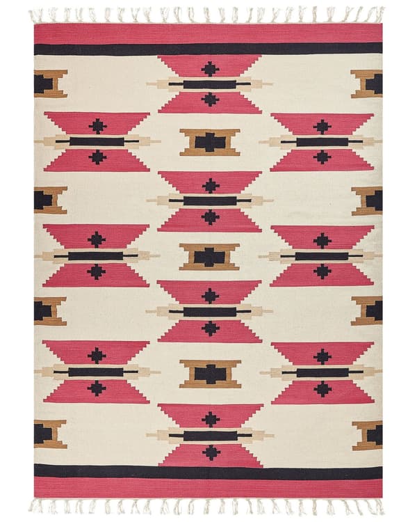 Kelim-matto monivärinen puuvilla 160 x 230 cm käsin kudottu geometrinen kuvio hapsuilla boho tyyli