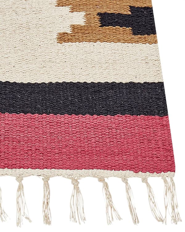 Kelim-matto monivärinen puuvilla 160 x 230 cm käsin kudottu geometrinen kuvio hapsuilla boho tyyli