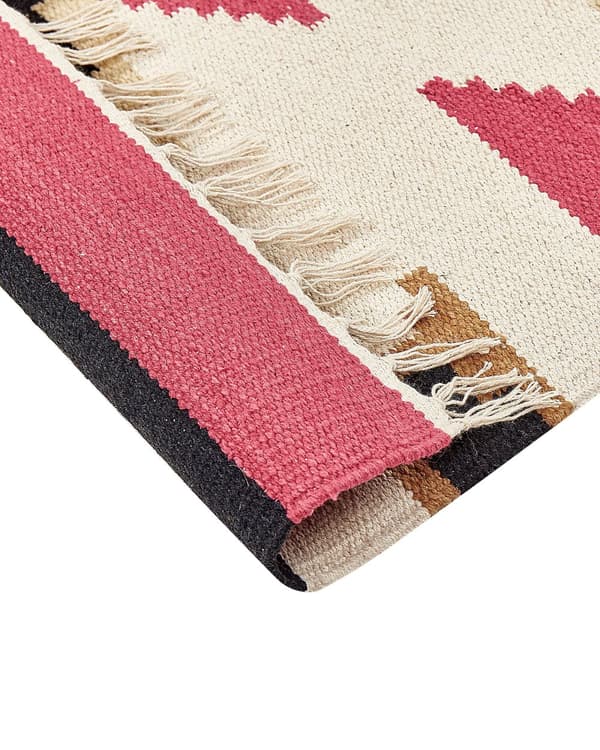 Kelim-matto monivärinen puuvilla 160 x 230 cm käsin kudottu geometrinen kuvio hapsuilla boho tyyli