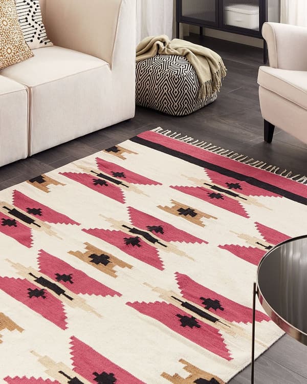 Kelim-matto monivärinen puuvilla 160 x 230 cm käsin kudottu geometrinen kuvio hapsuilla boho tyyli