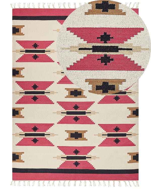 Kelim-matto monivärinen puuvilla 160 x 230 cm käsin kudottu geometrinen kuvio hapsuilla boho tyyli