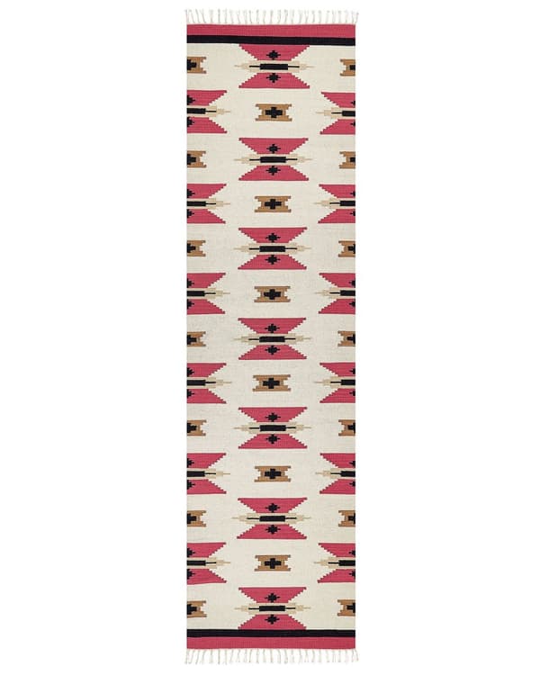 Kelim-matto monivärinen puuvilla 80 x 300 cm käsin kudottu geometrinen kuvio hapsuilla boho tyyli