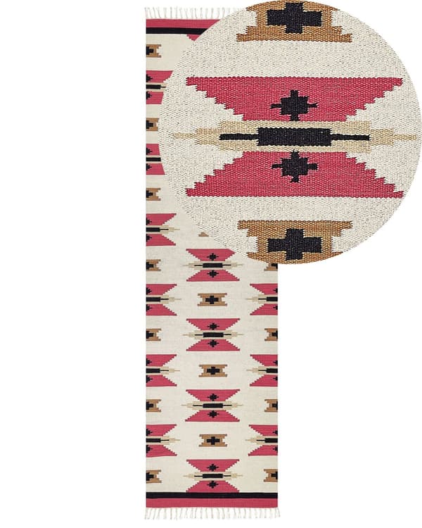 Kelim-matto monivärinen puuvilla 80 x 300 cm käsin kudottu geometrinen kuvio hapsuilla boho tyyli
