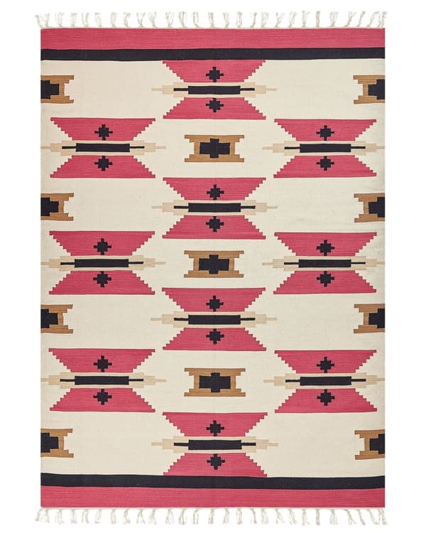 Kelim-matto monivärinen puuvilla 200 x 300 cm käsin kudottu geometrinen kuvio hapsuilla boho tyyli