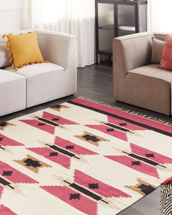Kelim-matto monivärinen puuvilla 200 x 300 cm käsin kudottu geometrinen kuvio hapsuilla boho tyyli
