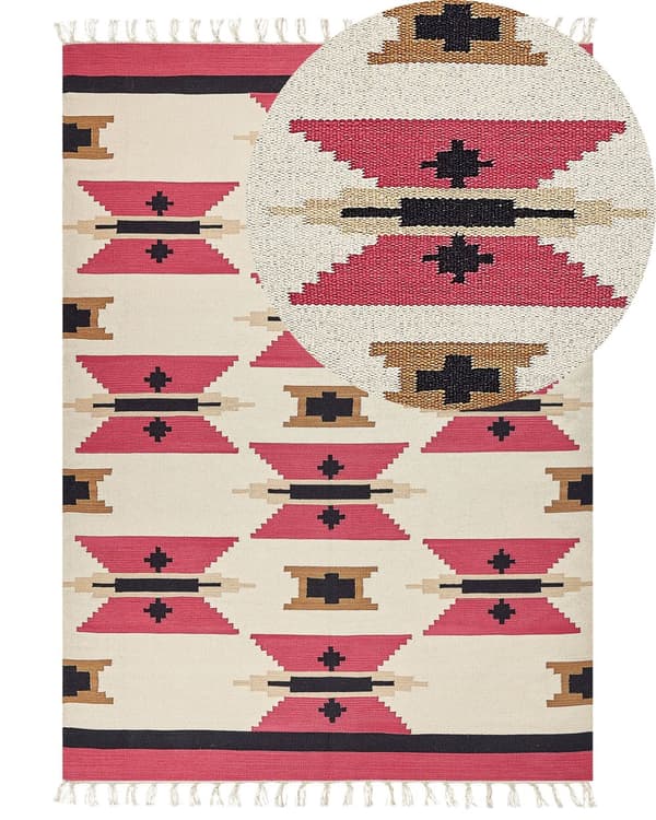 Kelim-matto monivärinen puuvilla 200 x 300 cm käsin kudottu geometrinen kuvio hapsuilla boho tyyli