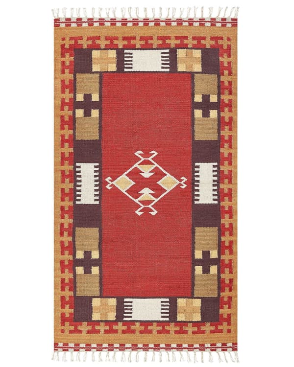 Kelim-matto monivärinen puuvilla 80 x 150 cm käsin kudottu kaksipuolinen geometrisella kuviolla hapsut boho tyyli