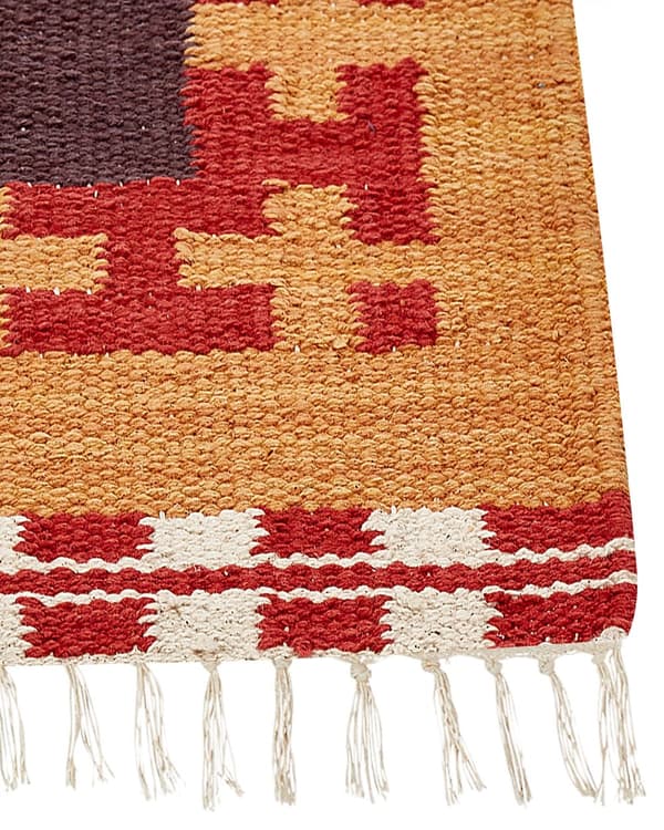 Kelim-matto monivärinen puuvilla 80 x 150 cm käsin kudottu kaksipuolinen geometrisella kuviolla hapsut boho tyyli