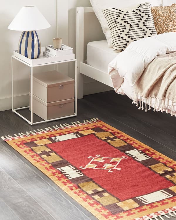 Kelim-matto monivärinen puuvilla 80 x 150 cm käsin kudottu kaksipuolinen geometrisella kuviolla hapsut boho tyyli