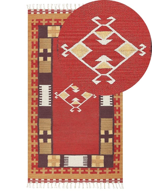 Kelim-matto monivärinen puuvilla 80 x 150 cm käsin kudottu kaksipuolinen geometrisella kuviolla hapsut boho tyyli