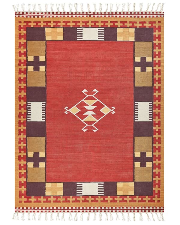 Kelim-matto monivärinen puuvilla 160 x 230 cm käsin kudottu kaksipuolinen geometrisella kuviolla hapsut boho tyyli