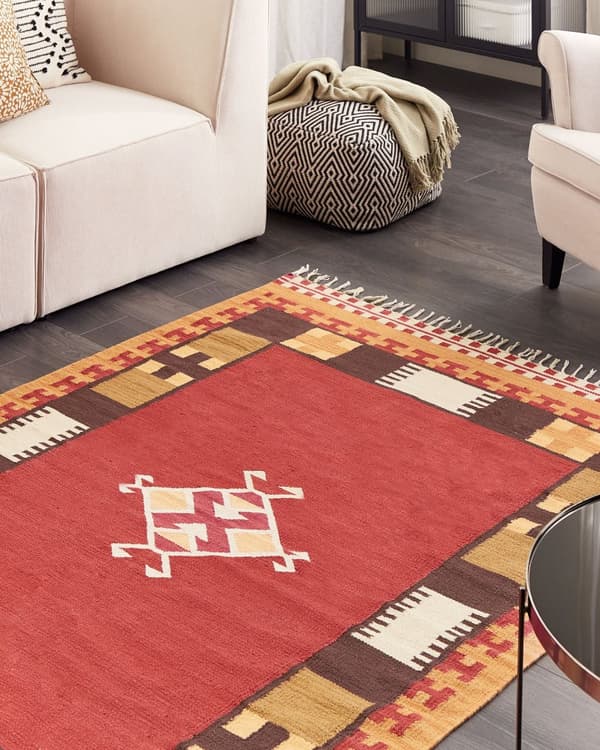 Kelim-matto monivärinen puuvilla 160 x 230 cm käsin kudottu kaksipuolinen geometrisella kuviolla hapsut boho tyyli