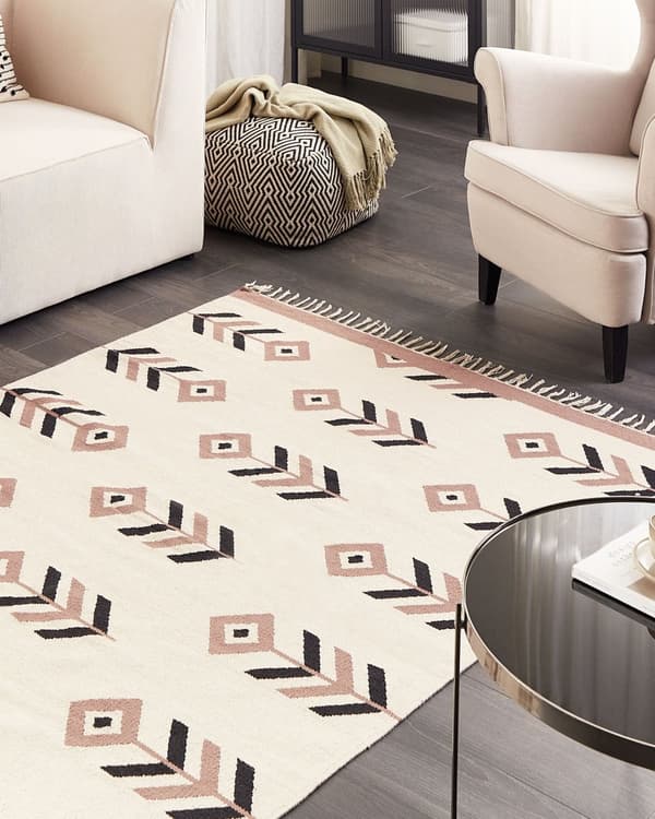 Kelim-matto beige musta 200 x 300 cm puuvilla kaksipuolinen hapsut suorakulmio kuvioitu moderni