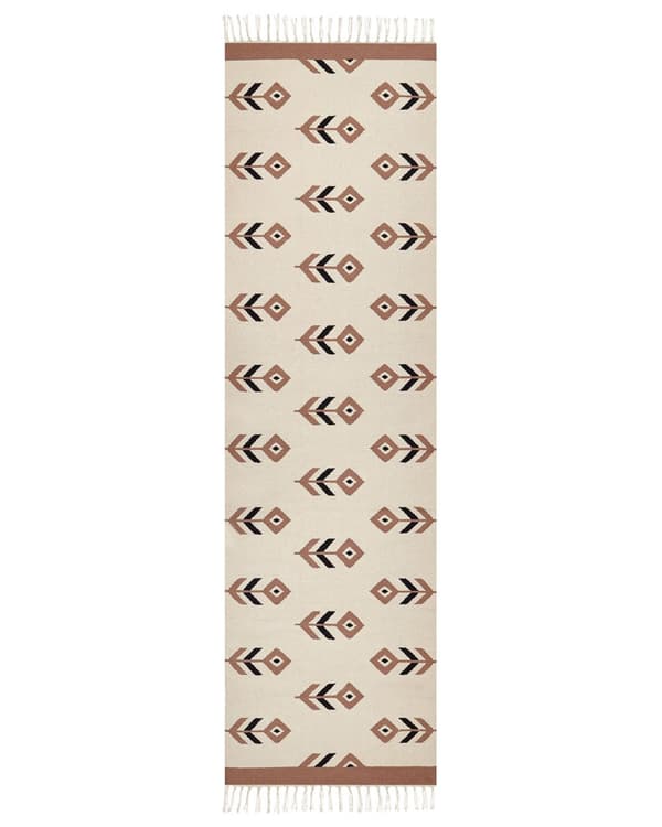 Kelim-matto beige musta 80 x 300 cm puuvilla kaksipuolinen hapsut suorakulmio kuvioitu moderni