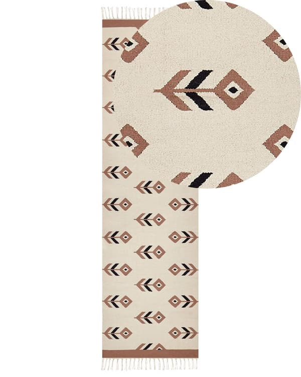 Kelim-matto beige musta 80 x 300 cm puuvilla kaksipuolinen hapsut suorakulmio kuvioitu moderni