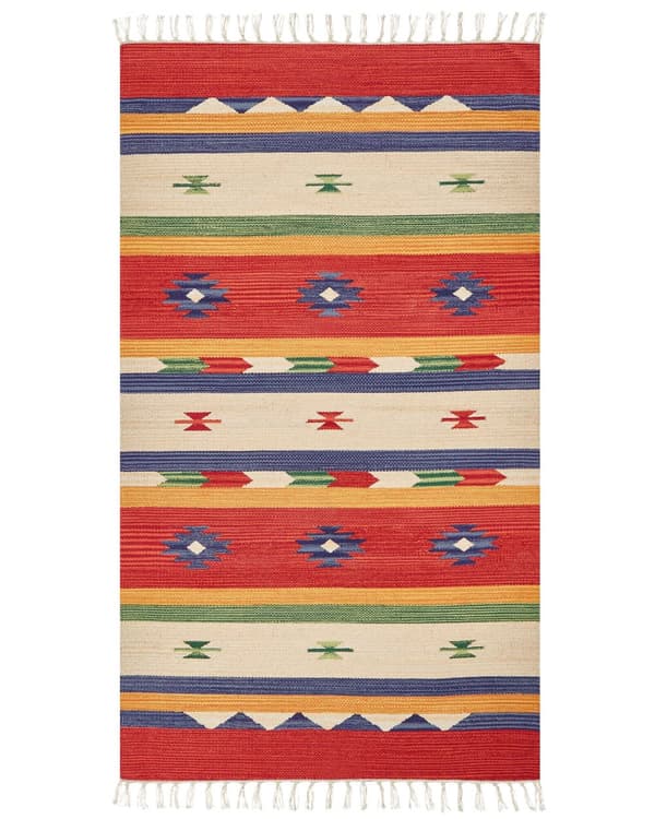 Kelim-matto monivärinen 80 x 150 cm puuvilla kaksipuolinen geometrinen kuvio hapsut perinteinen