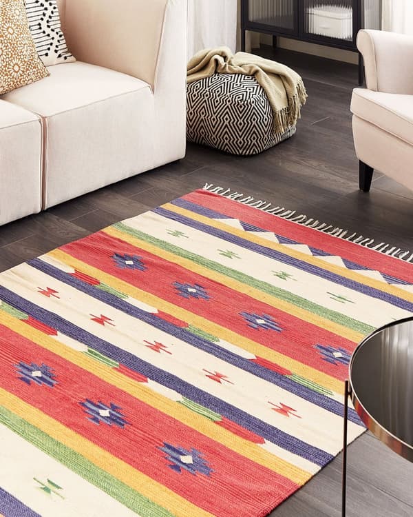 Kelim-matto monivärinen 140 x 200 cm puuvilla kaksipuolinen geometrinen kuvio hapsut perinteinen