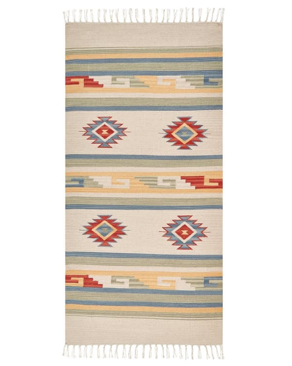 Kelim-matto monivärinen 80 x 150 cm puuvilla hapsut kaksipuolinen geometrinen kuvio käsintehty perinteinen