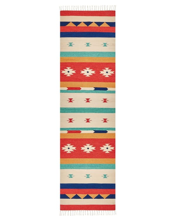 Kelim-matto monivärinen 80 x 300 cm puuvilla käsintehty hapsut kaksipuolinen geometrinen kuvio perinteinen