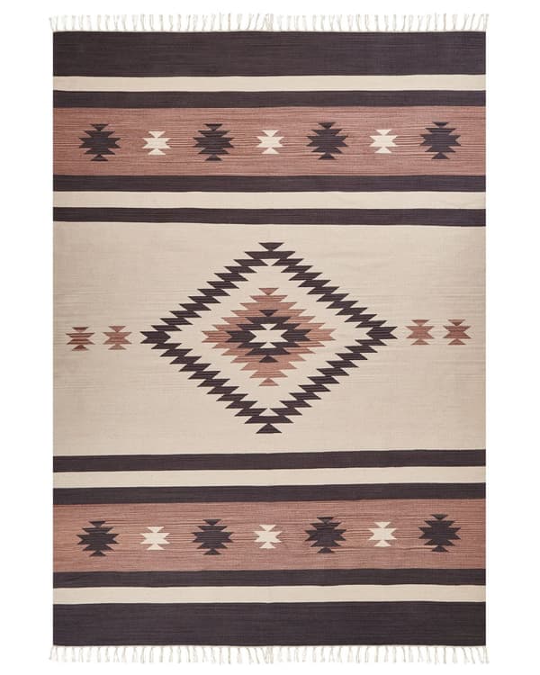 Kelim-matto beige ruskea 200 x 300 cm puuvilla hapsut kaksipuolinen geometrinen kuvio käsintehty perinteinen