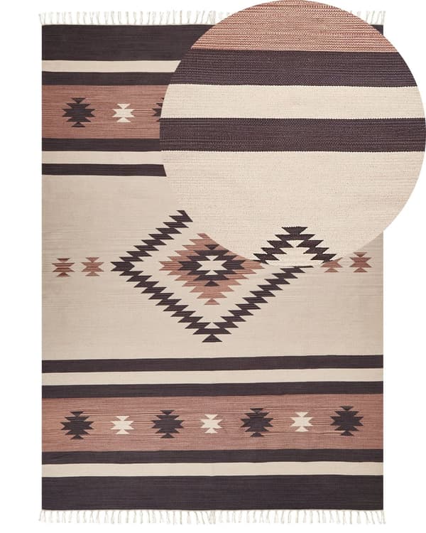 Kelim-matto beige ruskea 200 x 300 cm puuvilla hapsut kaksipuolinen geometrinen kuvio käsintehty perinteinen