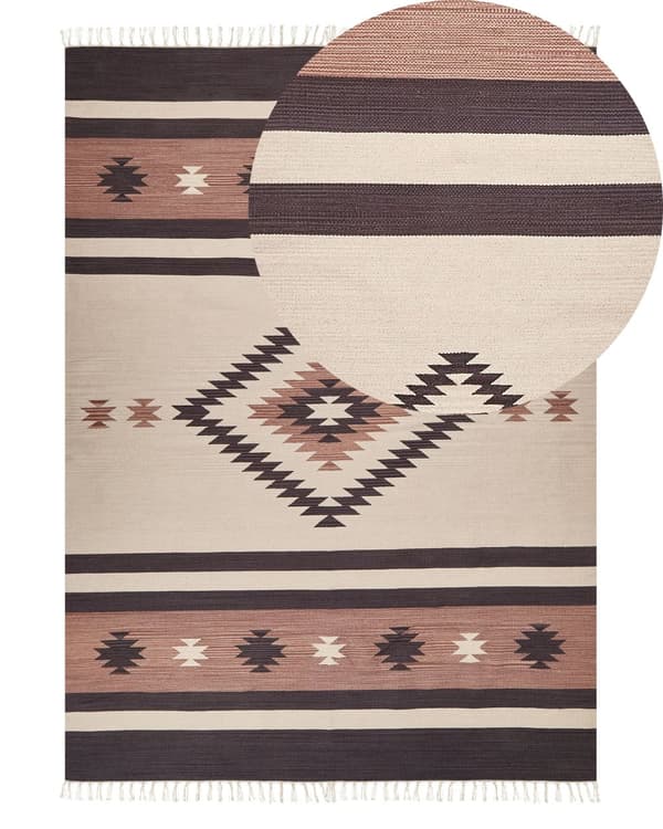 Kelim-matto beige ruskea 140 x 200 cm puuvilla hapsut kaksipuolinen geometrinen kuvio käsintehty perinteinen