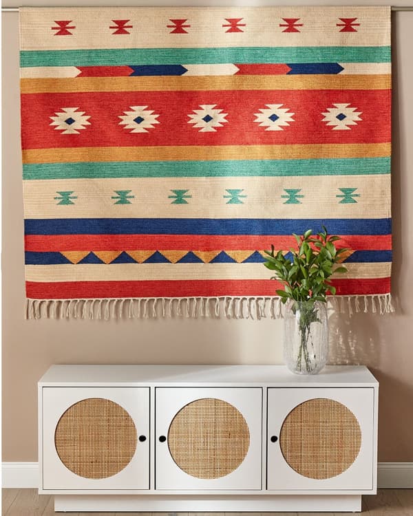 Kelim-matto monivärinen 200 x 300 cm puuvilla käsintehty hapsut kaksipuolinen geometrinen kuvio perinteinen