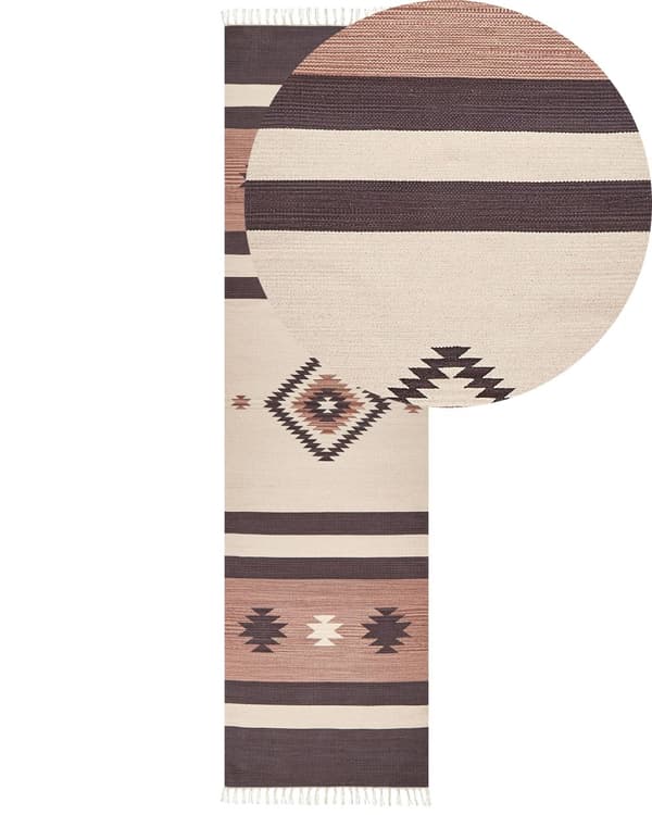 Kelim-matto beige ruskea 80 x 300 cm puuvilla hapsut kaksipuolinen geometrinen kuvio käsintehty perinteinen