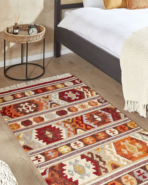 Kelim Matta Flerfärgad Ull och Bomull 80 x 150 cm Handgjord Vävd Bohemisk Patchwork Mönster med Tofsar