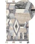 Miniatyrbild 1 av 7: Kelim Matta Flerfärgad Ull och Bomull 80 x 150 cm Handgjord Vävd Bohemisk Patchwork Mönster med Tofsar