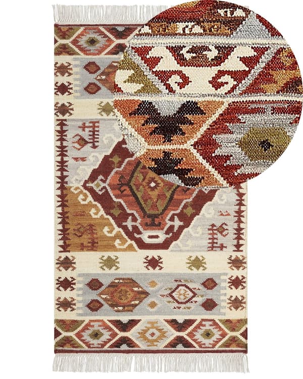 Kelim Matta Flerfärgad Ull och Bomull 80 x 150 cm Handgjord Vävd Bohemisk Patchwork Mönster med Tofsar