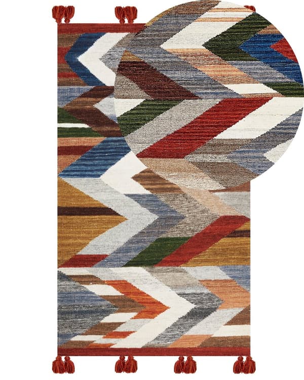 Matta Kelim Flerfärgad ull och bomull 80 x 150 cm Handgjord Vävd Boho Patchwork-mönster med Tofsar Vardagsrum Sovrum