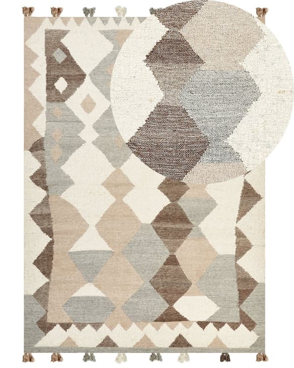 Kelimmatta Flerfärgad Ull och Bomull 200 x 300 cm Handgjord Vävd Boho Patchworkmönster med Tofsar Vardagsrum