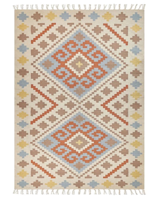 Kelimmatta Flerfärgad bomull 200 x 300 cm Geometriskt mönster med tofsar Rektangulär Traditionell