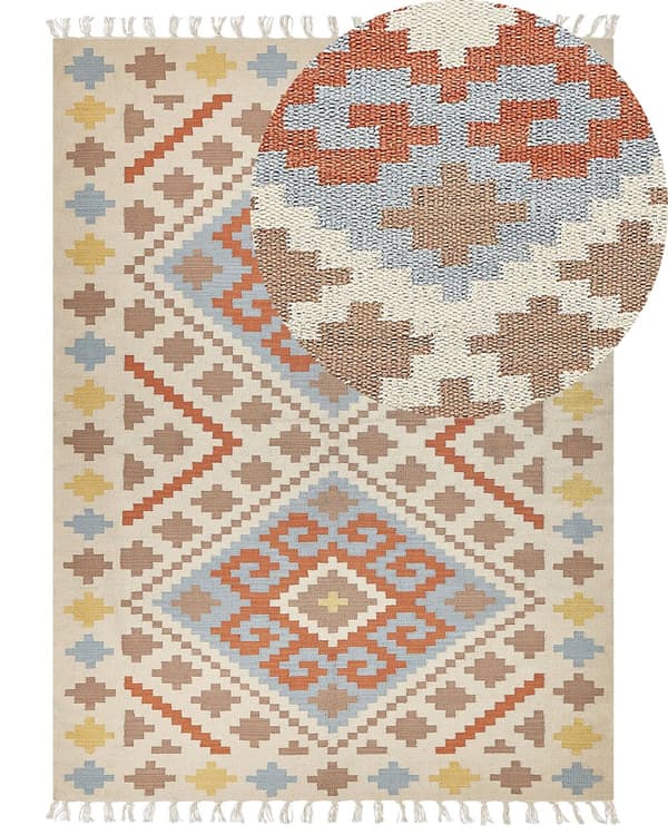 Kelimmatta Flerfärgad bomull 160 x 230 cm Geometriskt mönster med tofsar Rektangulär Traditionell