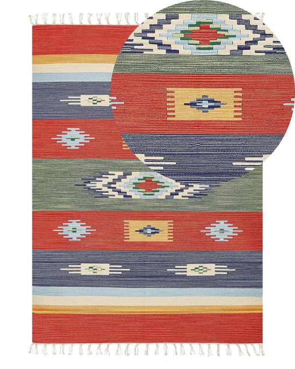 Kelimmatta Flerfärgad bomull 140 x 200 cm Handvävd Vändbar Flat Weave Geometriskt mönster med tofsar Traditionell Boho Vardagsrum Sovrum