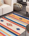 Miniatyrbild 2 av 7: Kelimmatta Flerfärgad bomull 140 x 150 cm Handvävd Vändbar Flat Weave Geometriskt mönster med tofsar Traditionell Boho Vardagsrum Sovrum