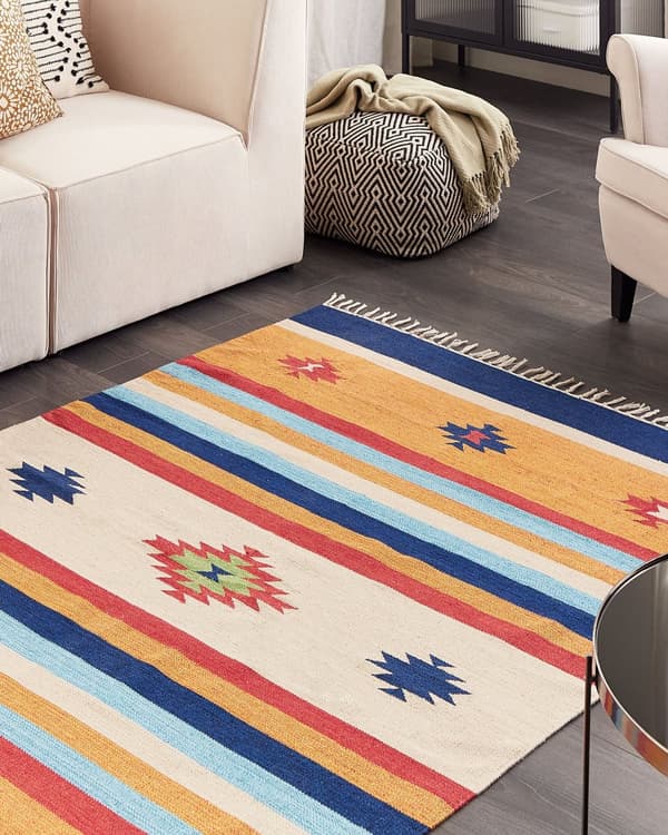 Kelimmatta Flerfärgad bomull 140 x 150 cm Handvävd Vändbar Flat Weave Geometriskt mönster med tofsar Traditionell Boho Vardagsrum Sovrum