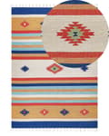 Miniatyrbild 1 av 7: Kelimmatta Flerfärgad bomull 140 x 150 cm Handvävd Vändbar Flat Weave Geometriskt mönster med tofsar Traditionell Boho Vardagsrum Sovrum