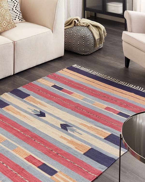 Kelimmatta Flerfärgad Bomull 140 x 200 cm Handvävd Vändbar Flat Weave Geometriskt Mönster med Fransar Traditionell Boho Vardagsrum Sovrum
