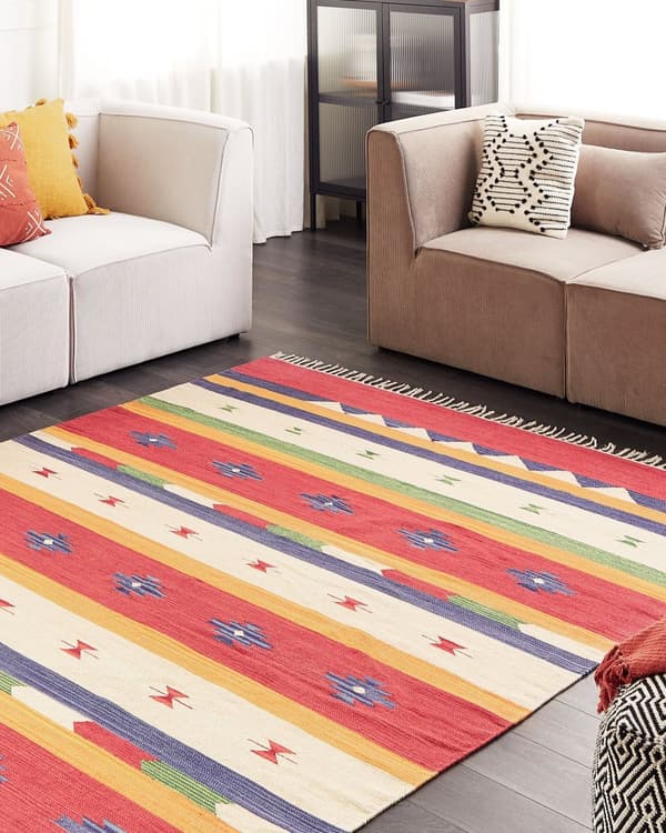 Kelimmatta Flerfärgad bomull 200 x 300 cm Klippt skyttel Handvävd golvväggmatta Geometriskt vändbart mönster Tofsar