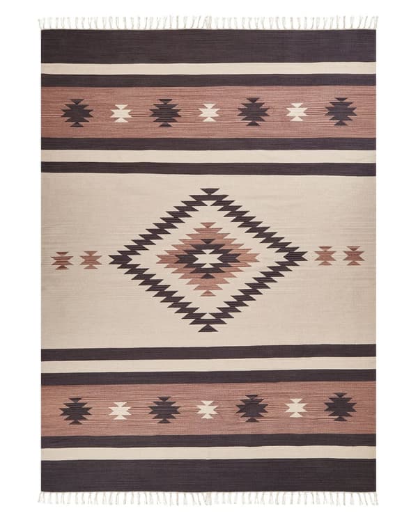 Kelimmatta Beige och brun bomull 140 x 200 cm Klippt skyttel Handvävd golvväggmatta Geometriskt vändbart mönster Tofsar