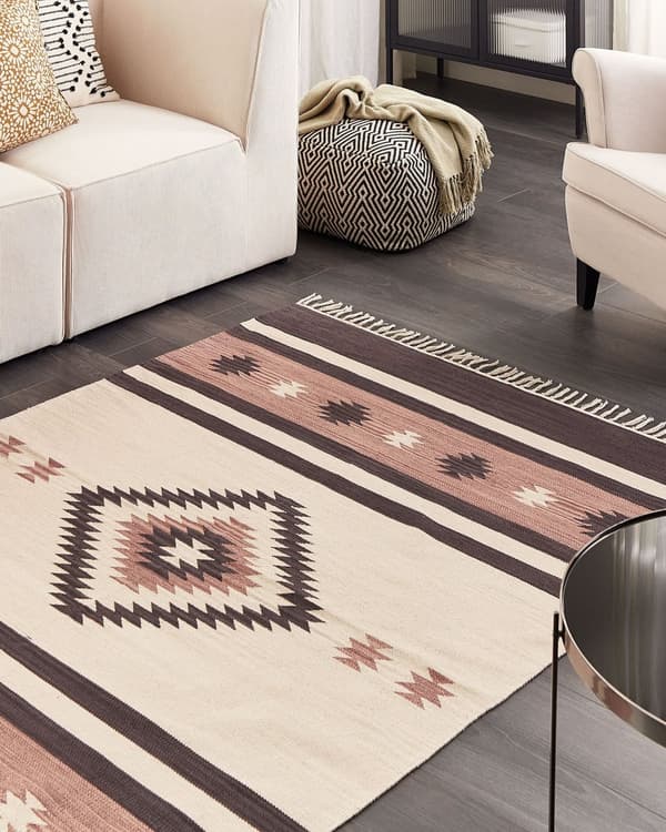 Kelimmatta Beige och brun bomull 140 x 200 cm Klippt skyttel Handvävd golvväggmatta Geometriskt vändbart mönster Tofsar