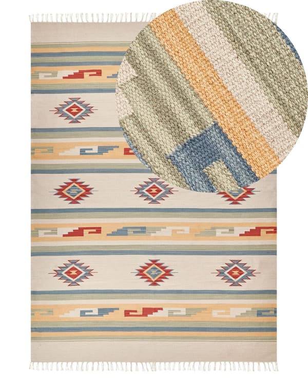 Kelimmatta Beige och Brun Bomull 140 x 200 cm Handvävd Matta för Golv och Vägg Geometriska Symboler Vändbar Design Fransar Vardagsrum Sovrum