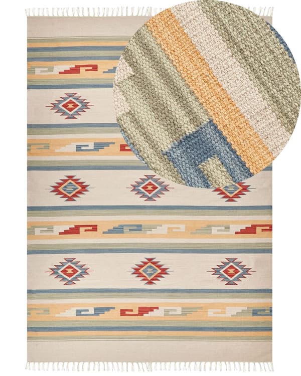 Kelimmatta Beige och Brun Bomull 200 x 300 cm Handvävd Matta för Golv och Vägg Geometriska Symboler Vändbar Design Fransar Vardagsrum Sovrum