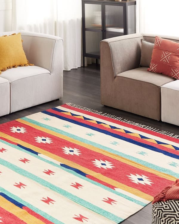 Kelimmatta Flerfärgad Bomull 200 x 300 cm Handvävd Matta för Golv och Vägg Geometriskt Mönster Vändbar Design Fransar Vardagsrum Hall Sovrum