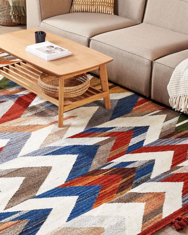 Matta Kelim Flerfärgad ull och bomull 200 x 300 cm Handgjord Vävd Boho Patchwork-mönster med Tofsar Vardagsrum Sovrum