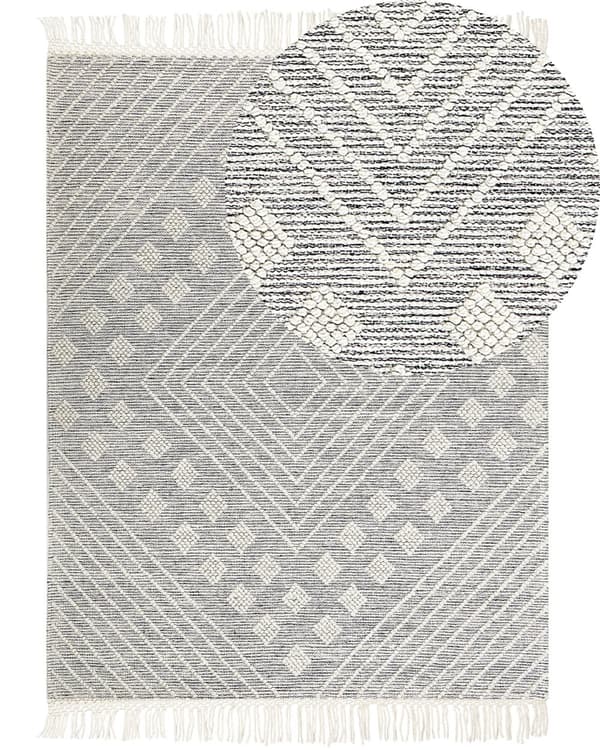 Teppe Hvit Grå Ull 160 x 230 cm Håndvevd Geometrisk mønster Skandinavisk Stue Soverom